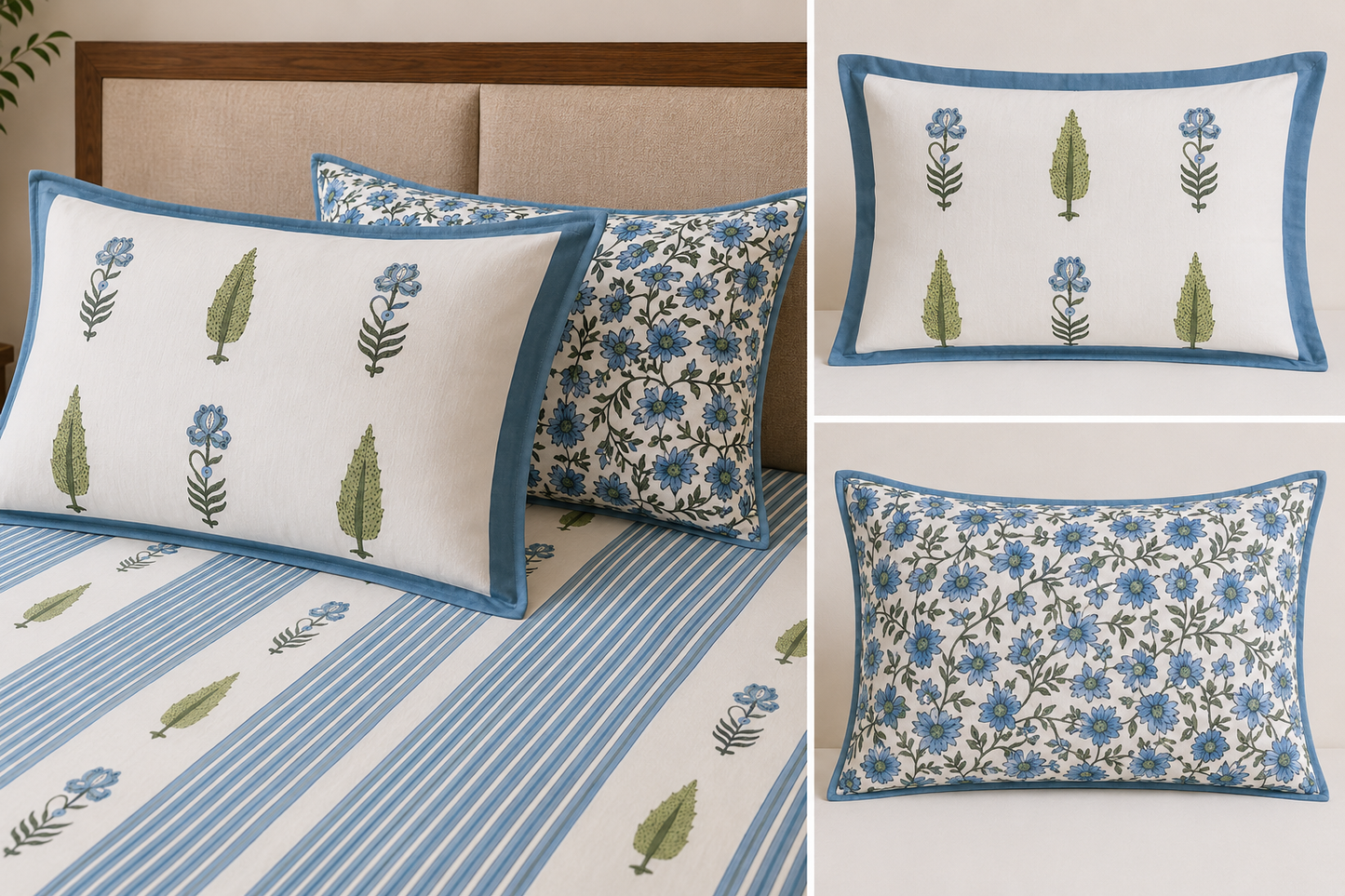Paramphera Studio 280 TC Pure Cotton King Size Bedsheet with 2 Pillow Covers | Blue Striped Floral Cotton Bed Sheet | 108 x 108 Inches