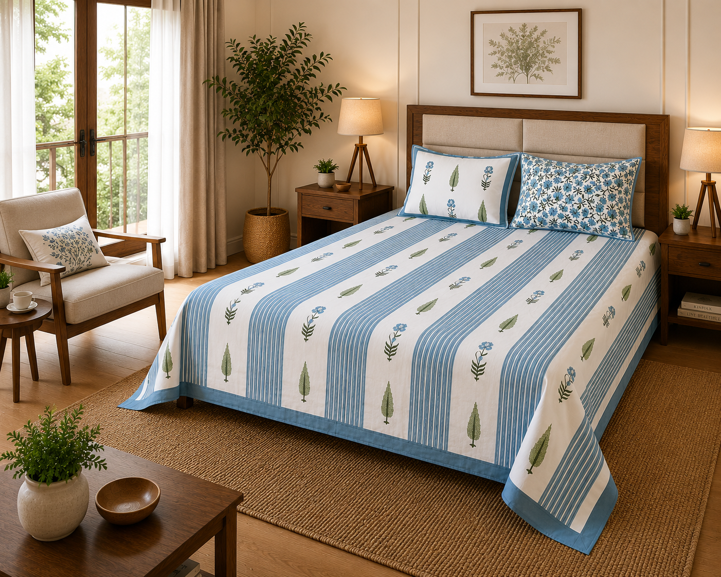 Paramphera Studio 280 TC Pure Cotton King Size Bedsheet with 2 Pillow Covers | Blue Striped Floral Cotton Bed Sheet | 108 x 108 Inches