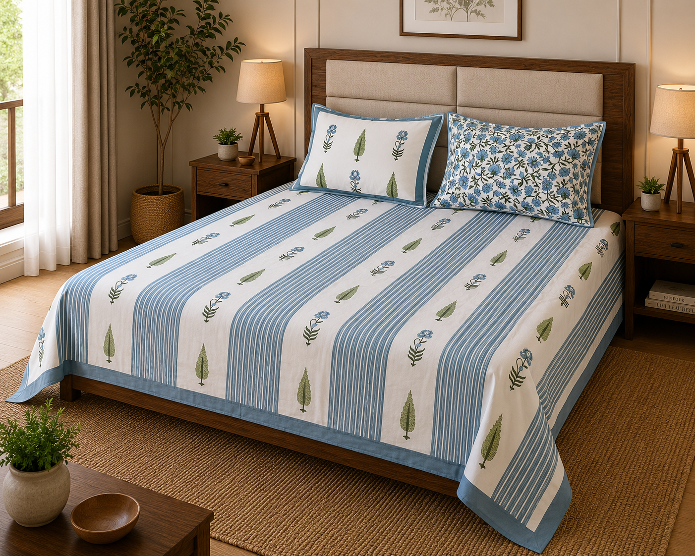 Paramphera Studio 280 TC Pure Cotton King Size Bedsheet with 2 Pillow Covers | Blue Striped Floral Cotton Bed Sheet | 108 x 108 Inches