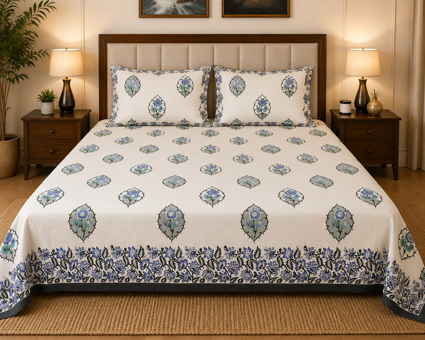 Paramphera Studio 280 TC Pure Cotton King Size Bedsheet with 2 Pillow Covers | Blue Floral Block Print Cotton Bed Sheet | 108 x 108 Inches
