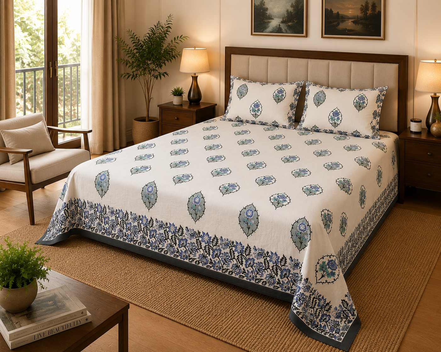 Paramphera Studio 280 TC Pure Cotton King Size Bedsheet with 2 Pillow Covers | Blue Floral Block Print Cotton Bed Sheet | 108 x 108 Inches