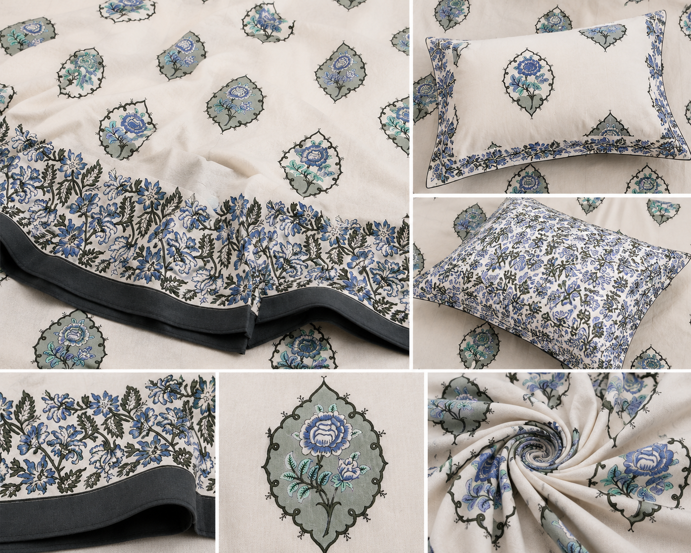 Paramphera Studio 280 TC Pure Cotton King Size Bedsheet with 2 Pillow Covers | Blue Floral Block Print Cotton Bed Sheet | 108 x 108 Inches