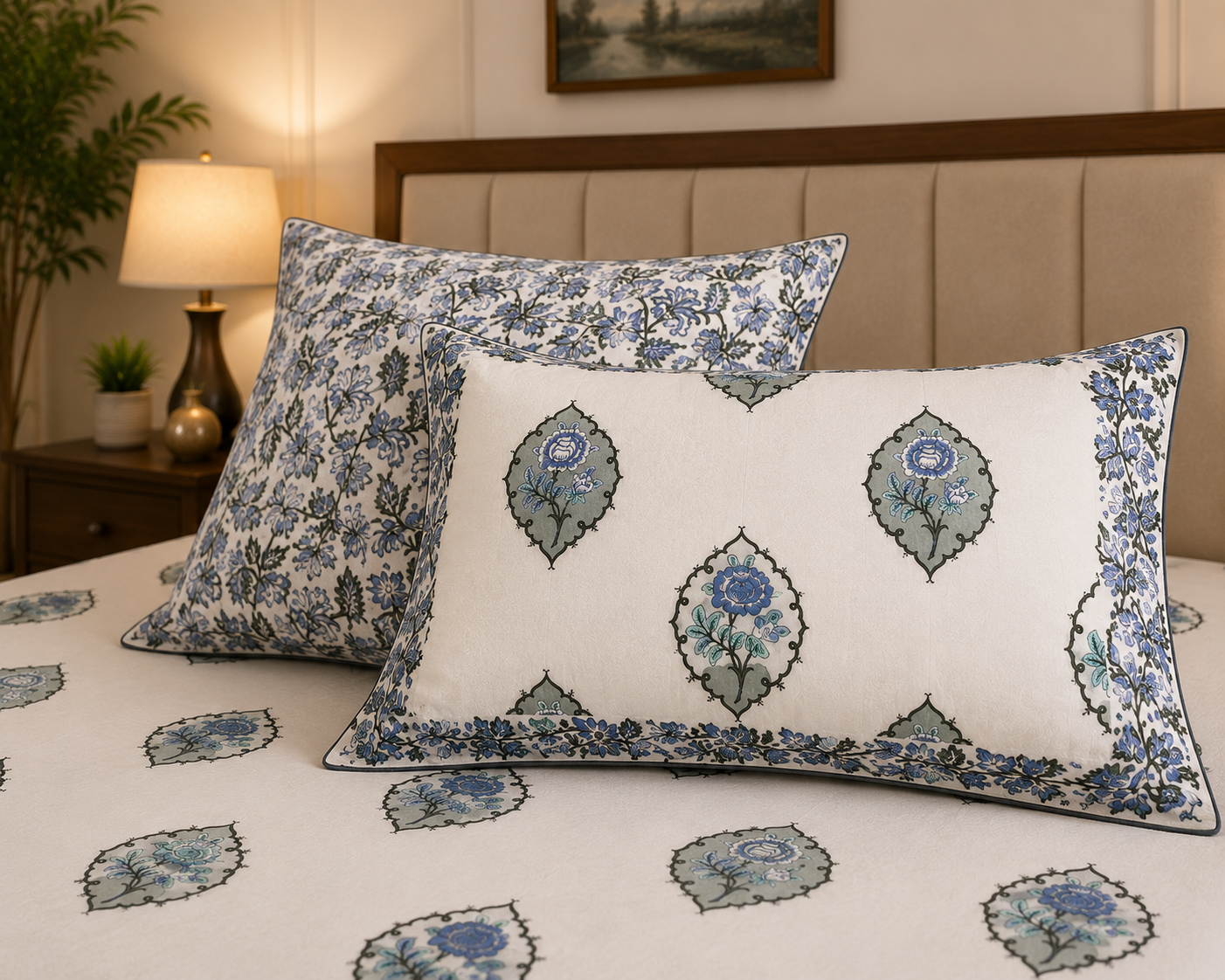 Paramphera Studio 280 TC Pure Cotton King Size Bedsheet with 2 Pillow Covers | Blue Floral Block Print Cotton Bed Sheet | 108 x 108 Inches