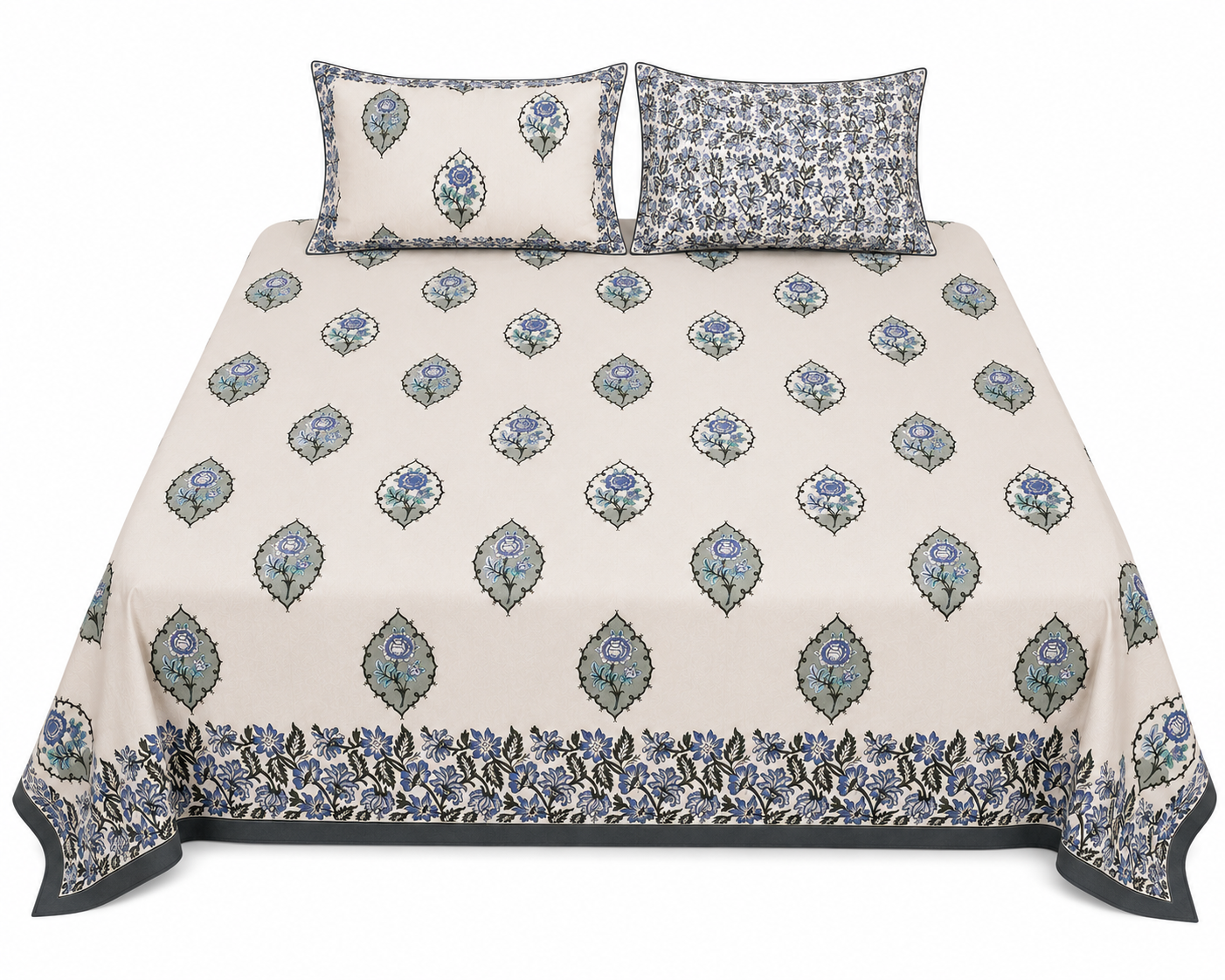 Paramphera Studio 280 TC Pure Cotton King Size Bedsheet with 2 Pillow Covers | Blue Floral Block Print Cotton Bed Sheet | 108 x 108 Inches