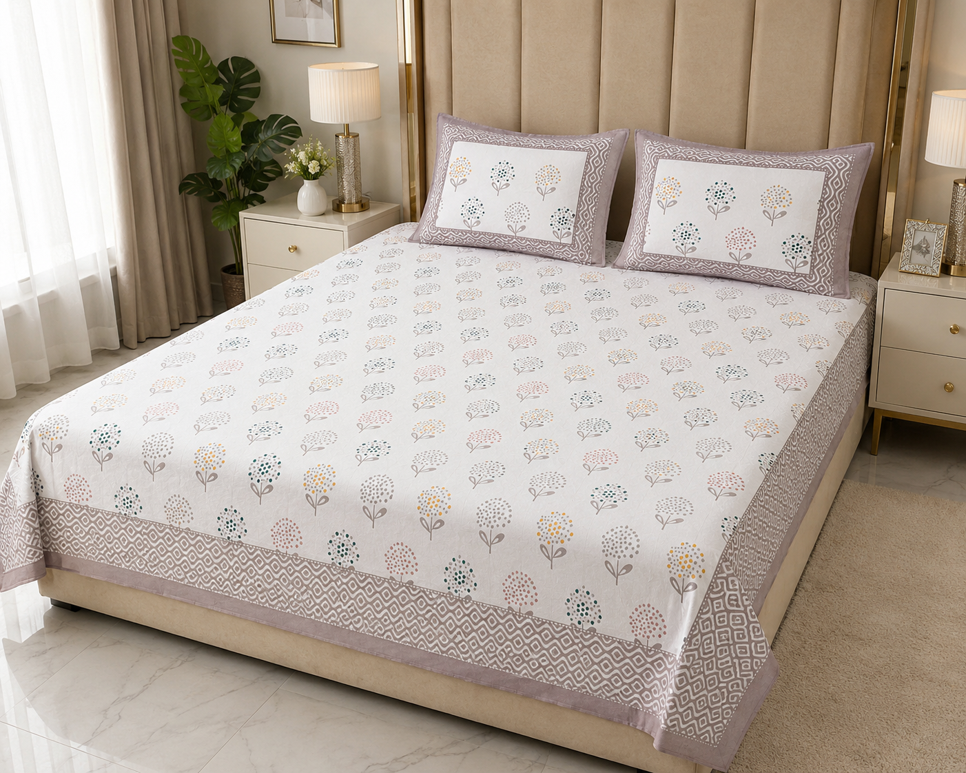 Paramphera Studio Pink Floral Cotton King Size Bedsheet with 2 Pillow Covers | 280 TC | 108 x 108 Inches