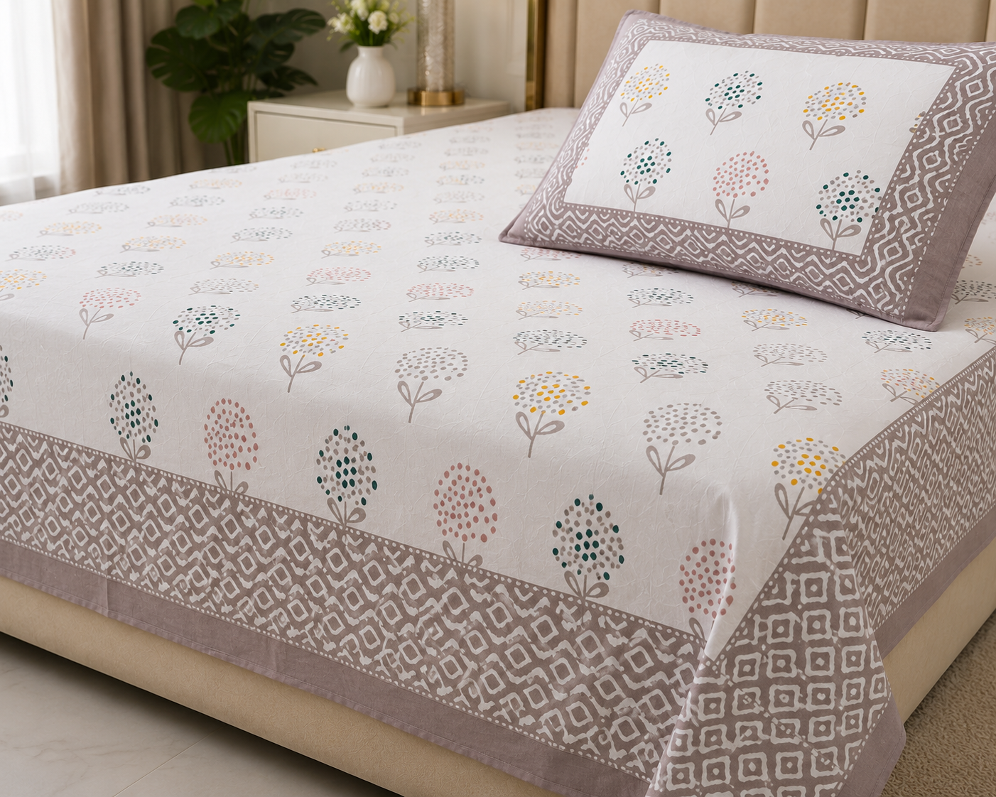 Paramphera Studio Pink Floral Cotton King Size Bedsheet with 2 Pillow Covers | 280 TC | 108 x 108 Inches