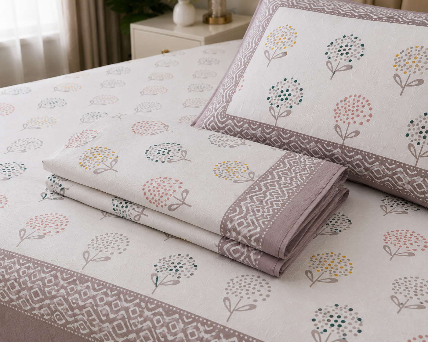 Paramphera Studio Pink Floral Cotton King Size Bedsheet with 2 Pillow Covers | 280 TC | 108 x 108 Inches