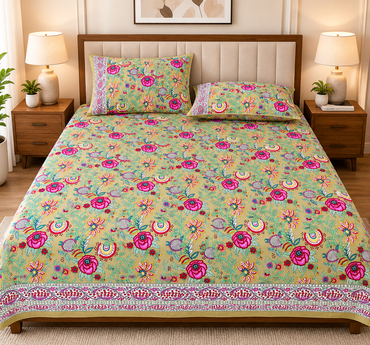 Paramphera Studio Multicolor Floral Cotton King Size Bedsheet with 2 Pillow Covers | 280 TC | 100 x 108 Inches