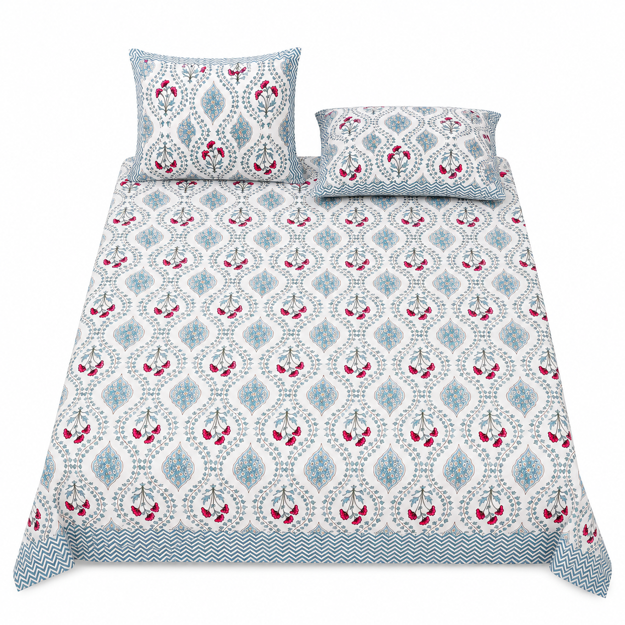 Paramphera Studio Blue & Pink Floral Cotton King Size Bedsheet with 2 Pillow Covers | 280 TC | 108 x 108 Inches
