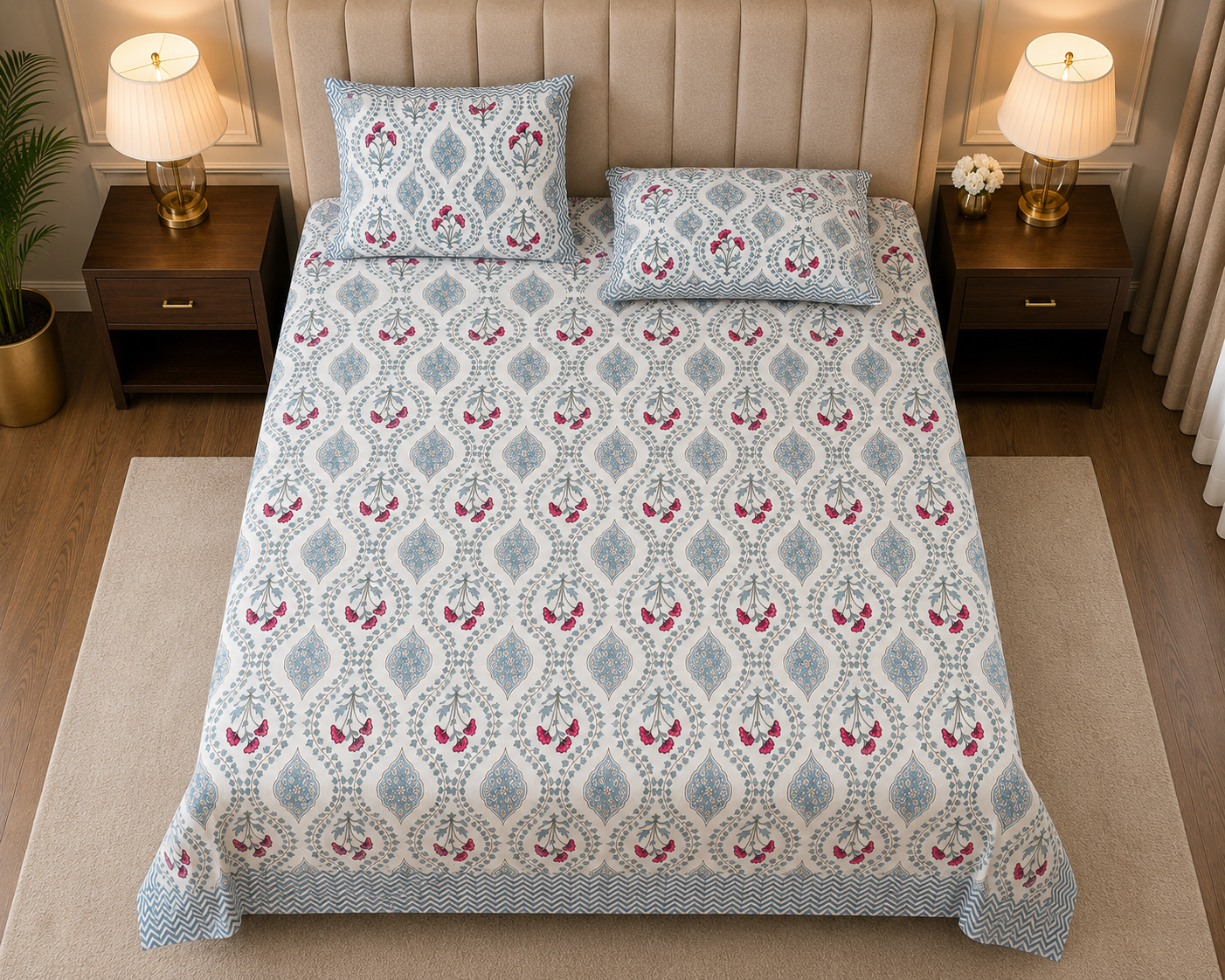 Paramphera Studio Blue & Pink Floral Cotton King Size Bedsheet with 2 Pillow Covers | 280 TC | 108 x 108 Inches