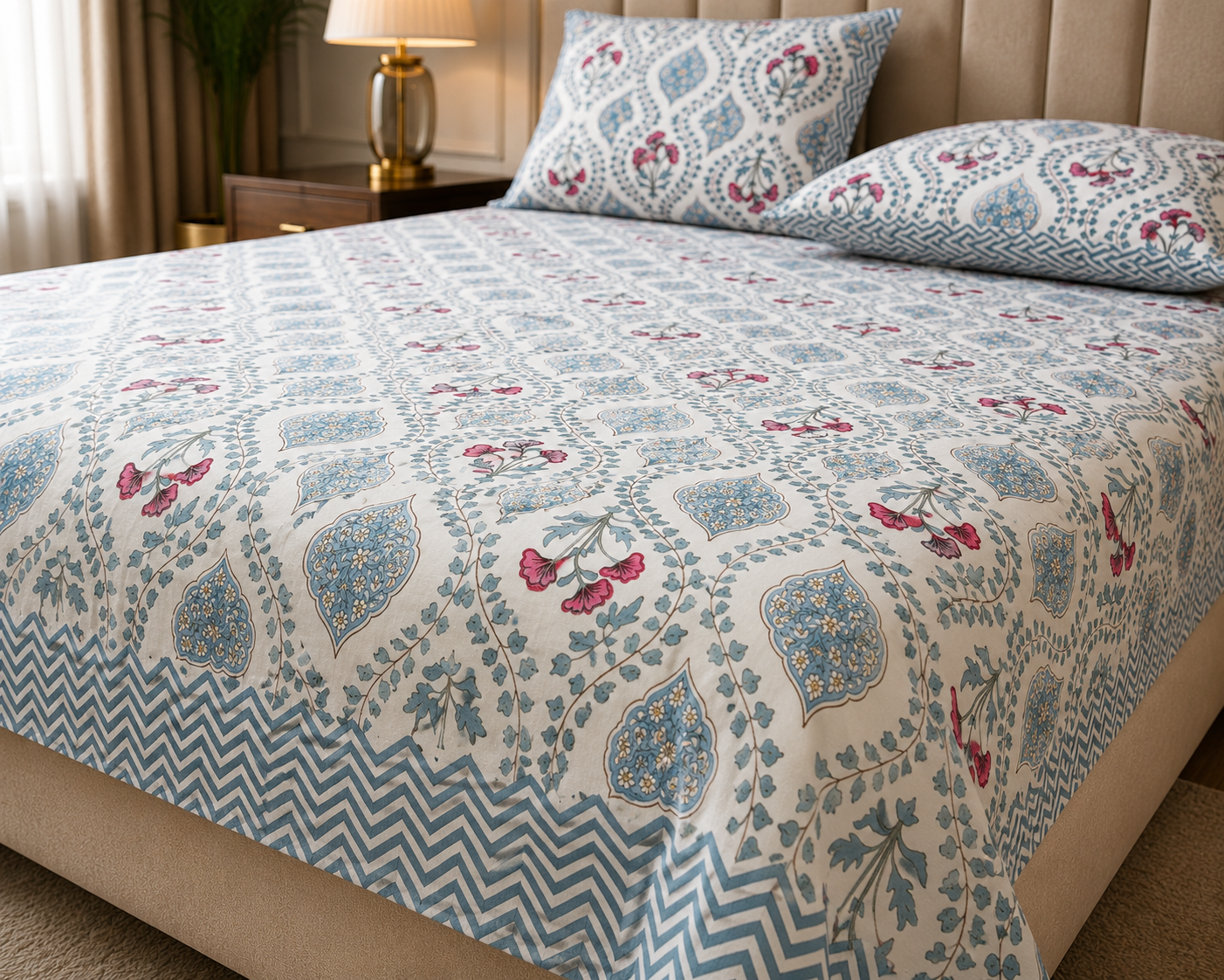 Paramphera Studio Blue & Pink Floral Cotton King Size Bedsheet with 2 Pillow Covers | 280 TC | 108 x 108 Inches