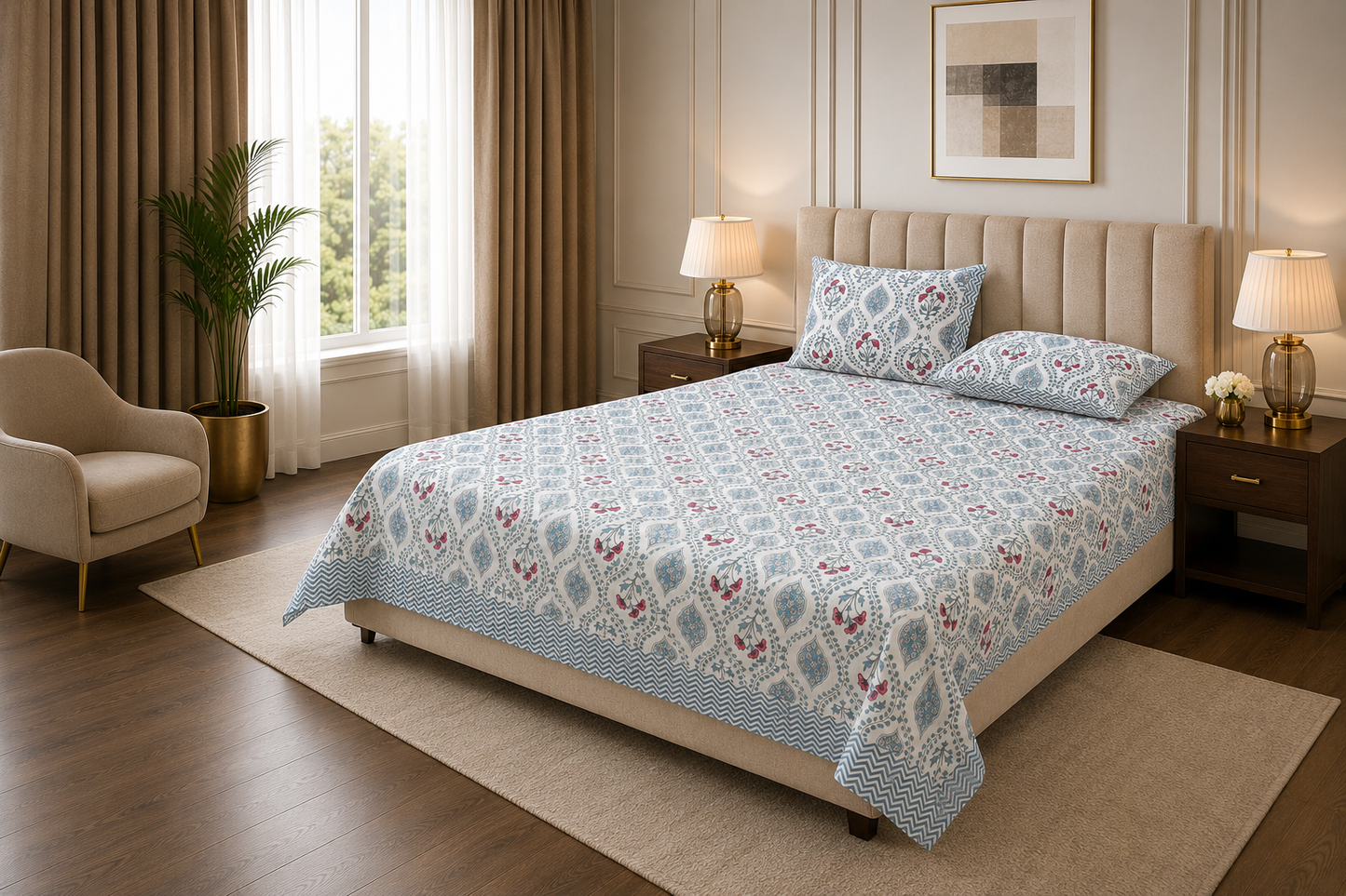 Paramphera Studio Blue & Pink Floral Cotton King Size Bedsheet with 2 Pillow Covers | 280 TC | 108 x 108 Inches