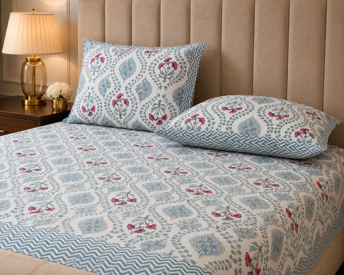 Paramphera Studio Blue & Pink Floral Cotton King Size Bedsheet with 2 Pillow Covers | 280 TC | 108 x 108 Inches