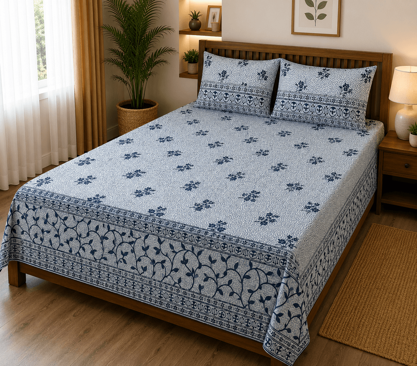 Butter Fly Blue 200 TC Cotton King Size Floral Printed Bedsheet