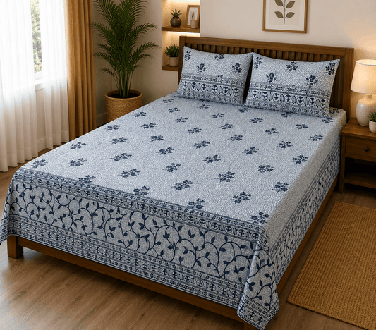 Butter Fly Blue 200 TC Cotton King Size Floral Printed Bedsheet