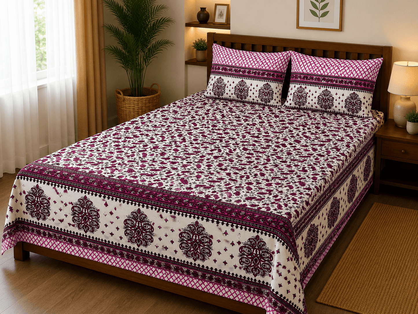 Pink City 100% Cotton King Size Bedsheet with 2 Pillow Covers | Traditional Floral Printed Bed Sheet | 93 x 108 Inches