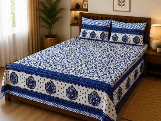 Pink City Blue 100% Cotton King Size Floral Printed Bedsheet
