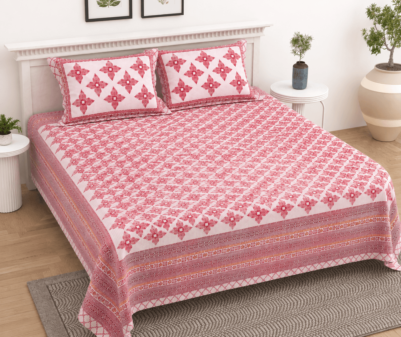Gulmohar Pink 100% Cotton King Size Floral Printed Bedsheet
