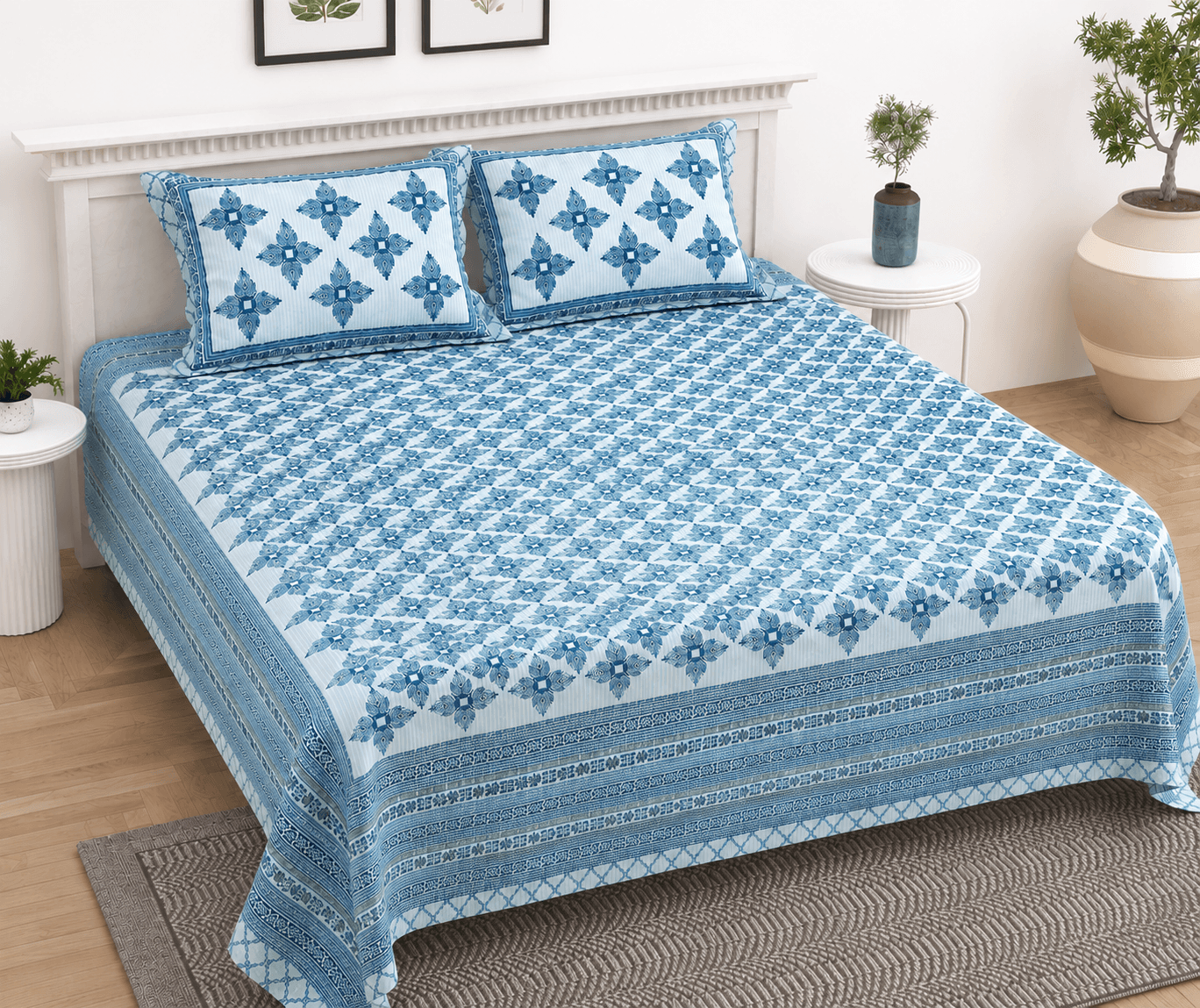 Gulmohar Blue 100% Cotton King Size Floral Printed Bedsheet