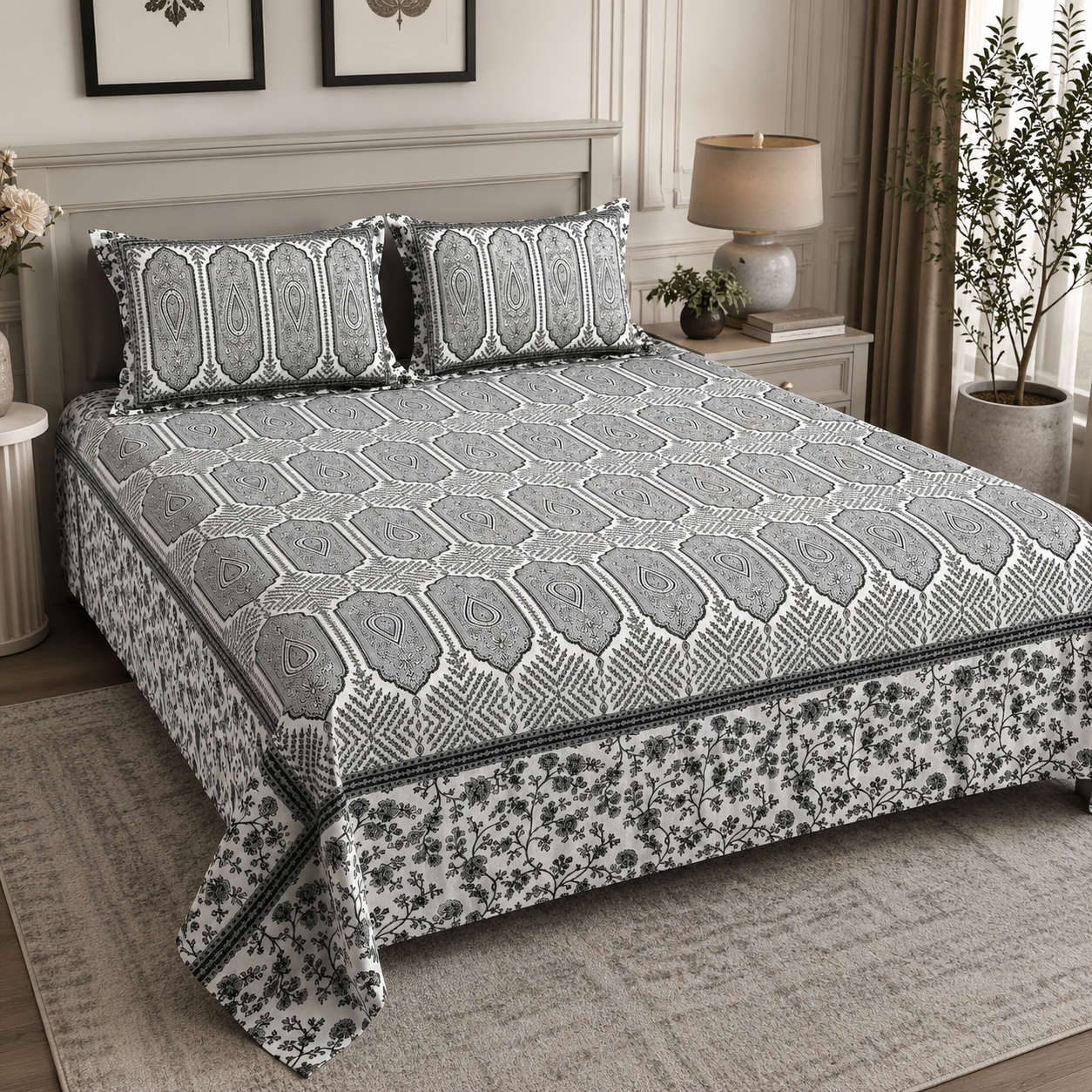 Paramphera Cotton King Size Printed Bedsheet with 2 Pillow Covers | 93 x 108 Inches | Soft Floral Bed Linen