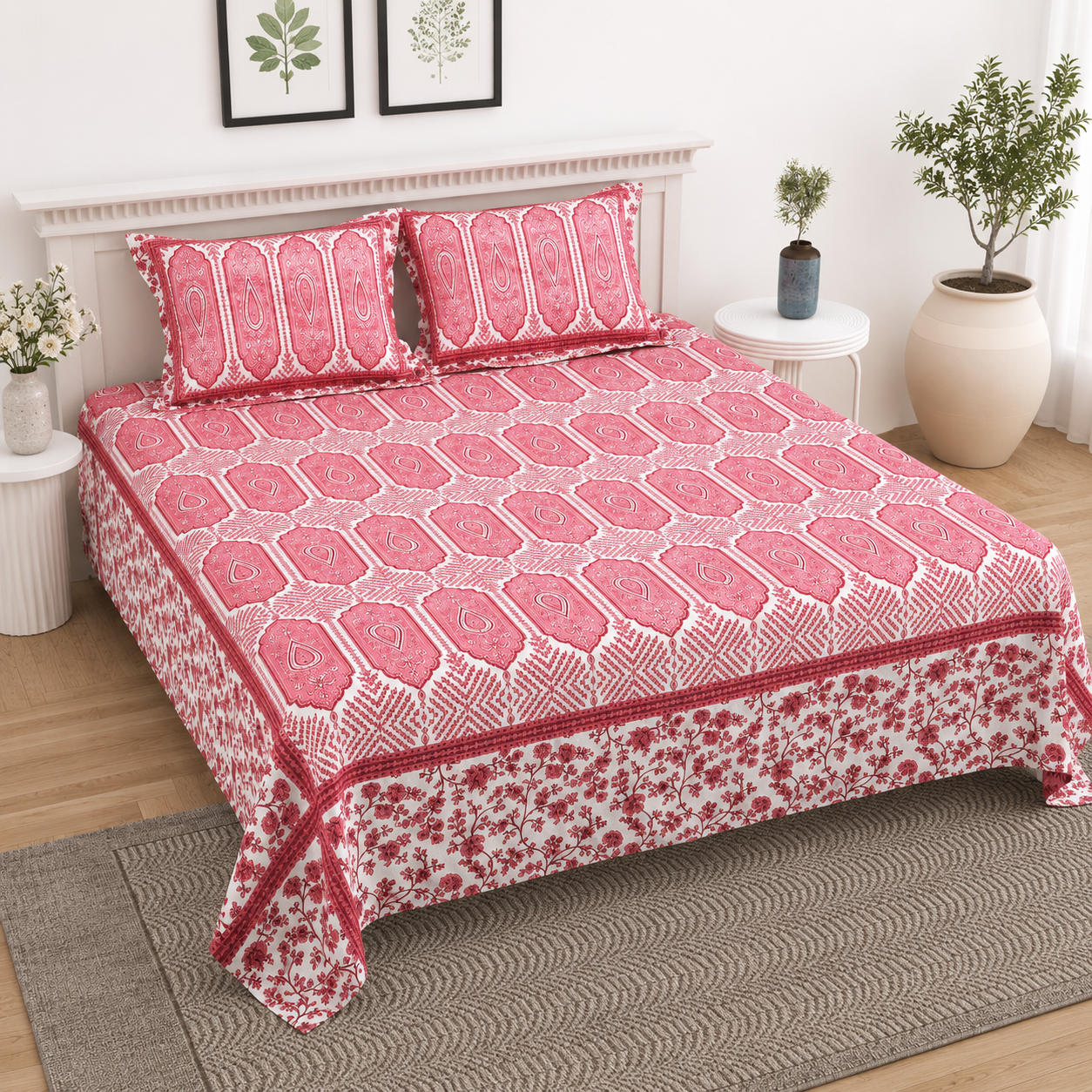 Paramphera Cotton King Size Printed Bedsheet with 2 Pillow Covers | 93 x 108 Inches | Soft Floral Bed Linen