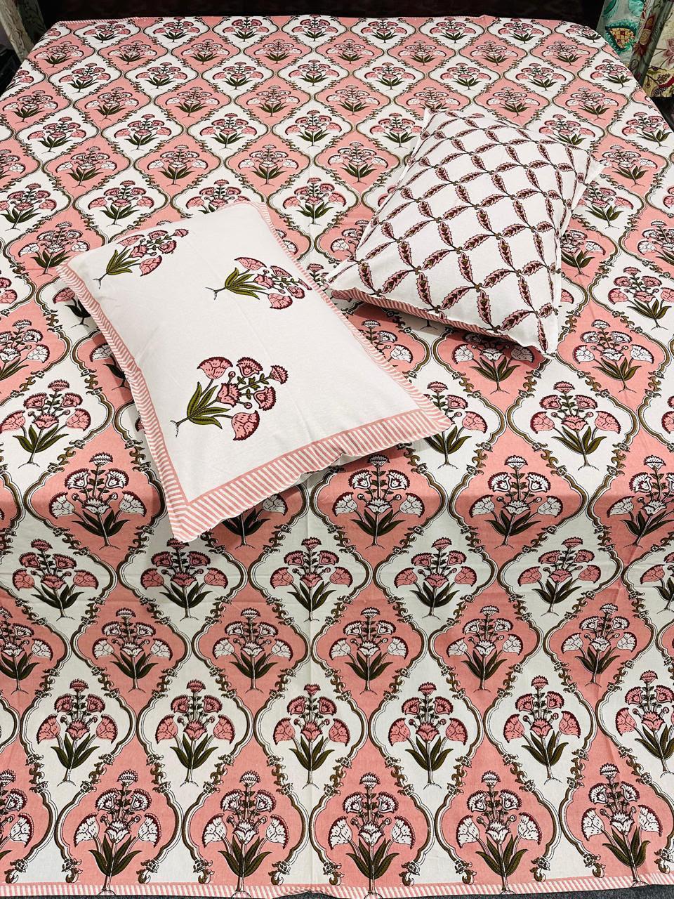 Paramphera Studio 280 TC Pure Cotton King Size Bedsheet with 2 Pillow Covers | White & Red Floral Block Print Cotton Bed Sheet | 103 x 108 Inches