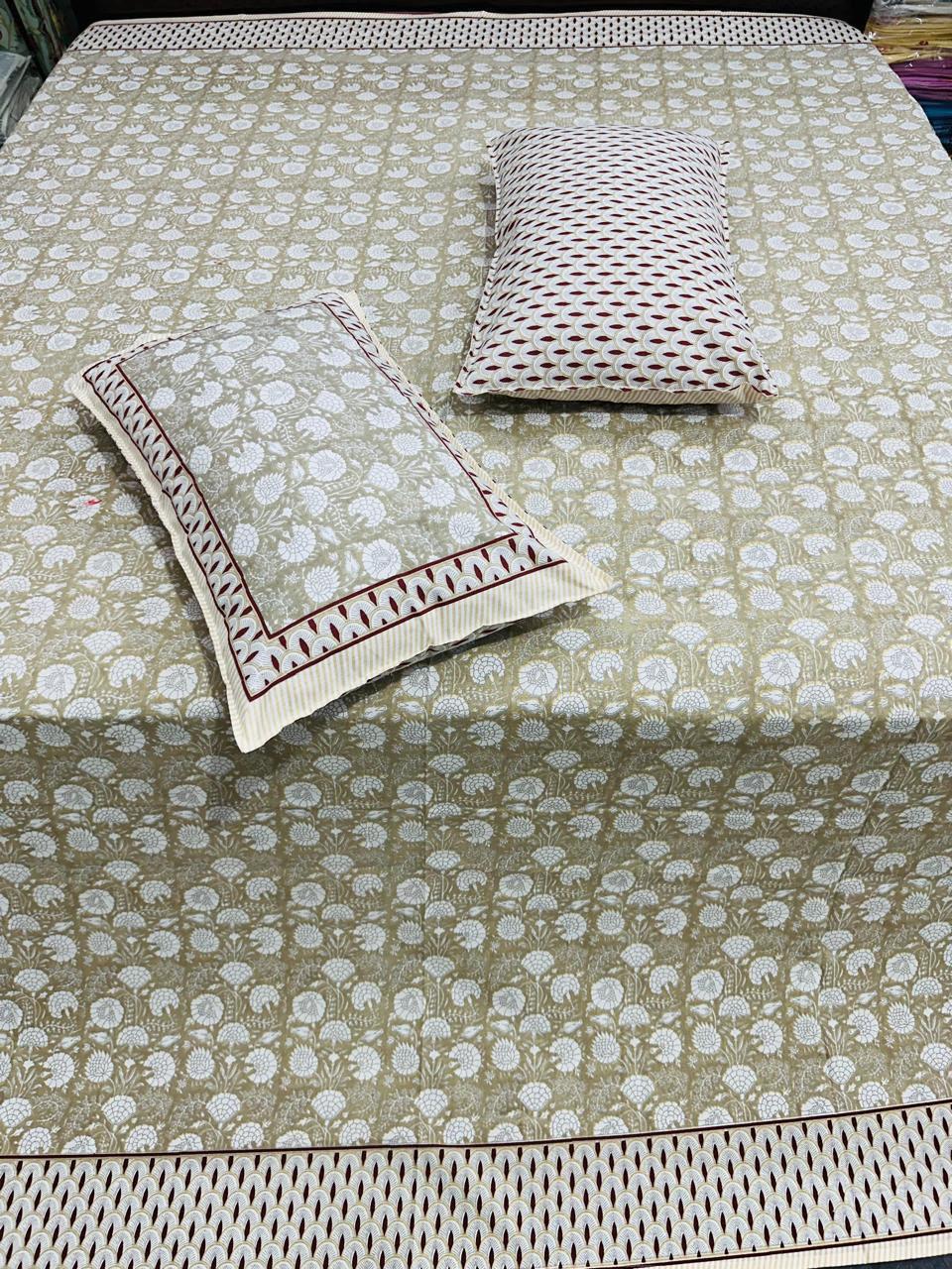 Paramphera Studio Beige Floral Cotton King Size Bedsheet with 2 Pillow Covers | 280 TC | 100 x 108 Inches