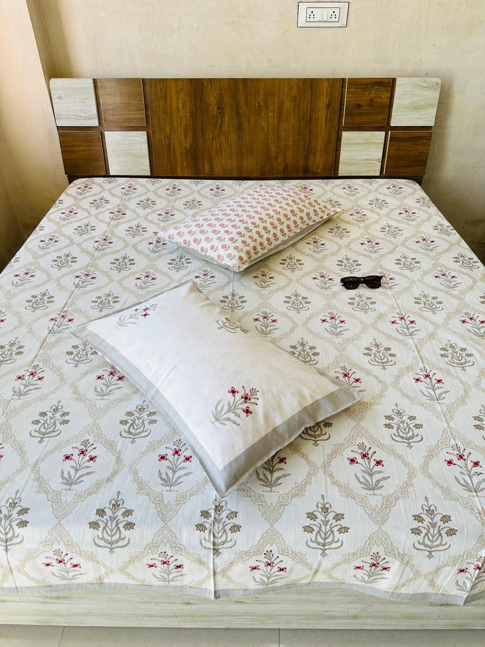 Paramphera Studio Olive Green & Orange Floral Cotton King Size Bedsheet with 2 Pillow Covers | 280 TC | 100 x 108 Inches