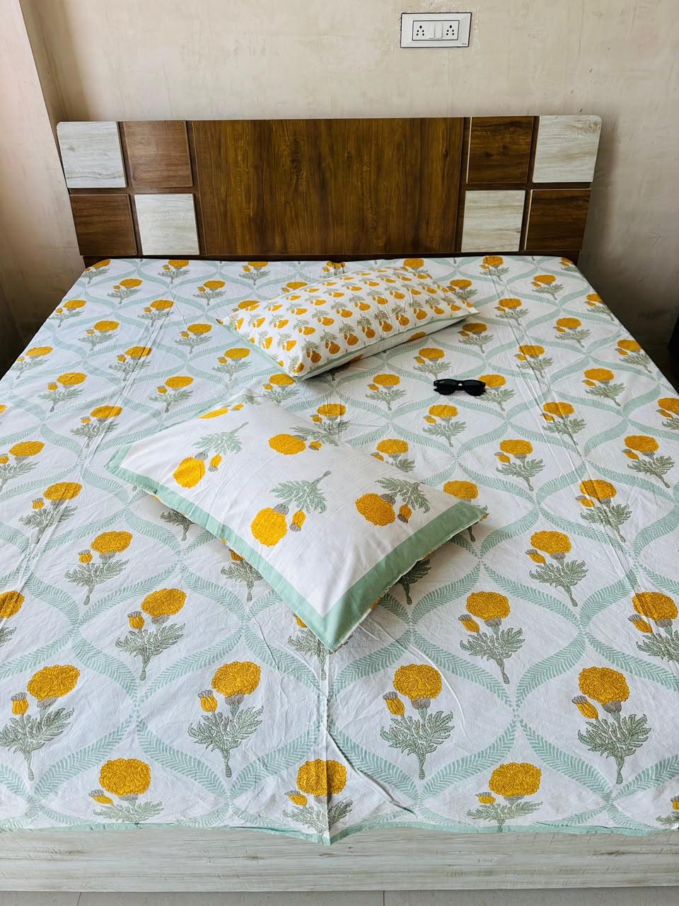 Paramphera Collection Premium 100% Cotton King Size Bedsheet with 2 Pillow Covers | Yellow Marigold Floral Print | Soft, Breathable & Skin Friendly | 100 x 108 Inches