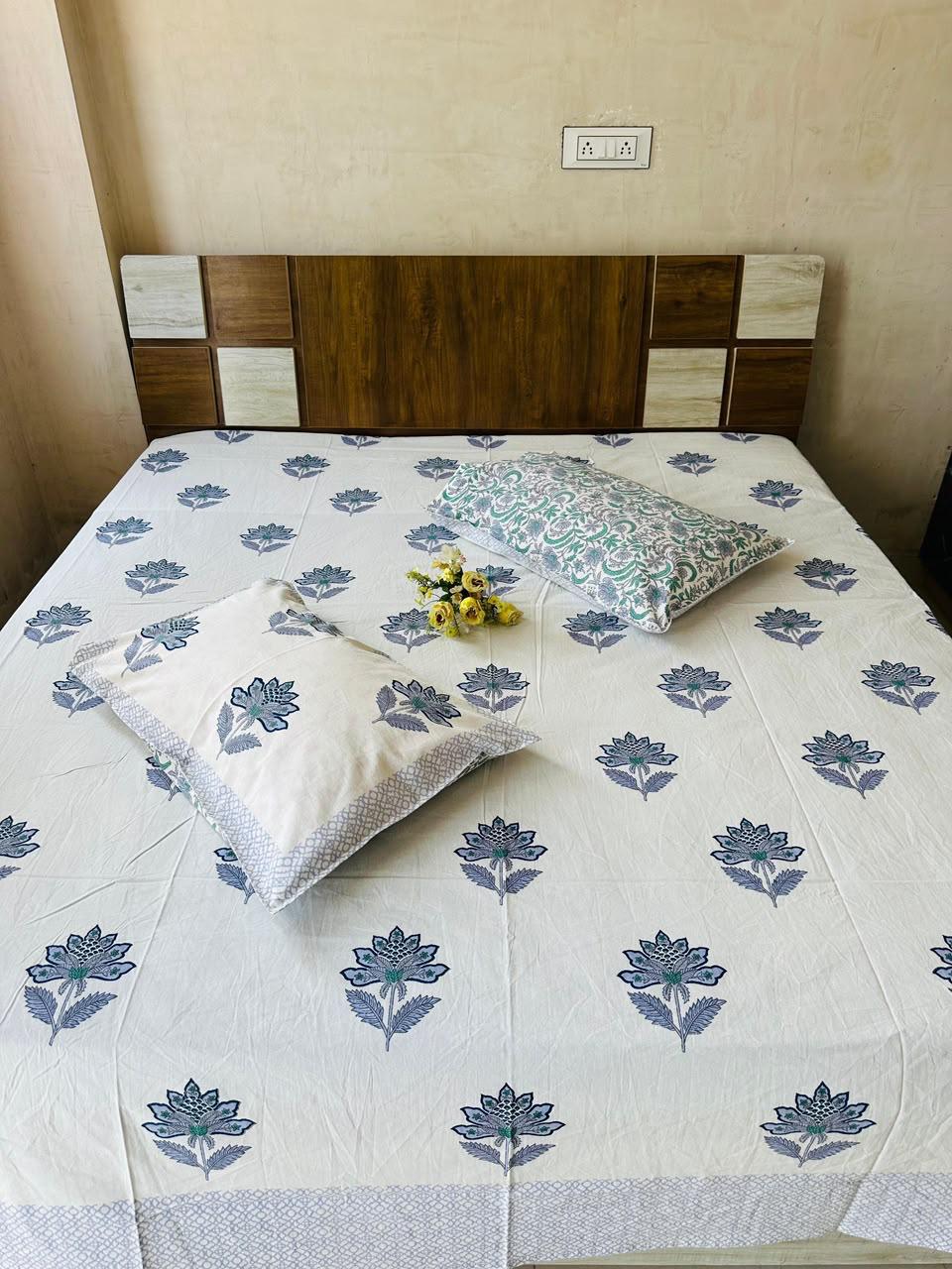 Paramphera Collection Premium 100% Cotton King Size Bedsheet with 2 Pillow Covers | White & Blue Floral Hand Block Print | Soft, Breathable & Skin-Friendly | 108 x 108 Inches