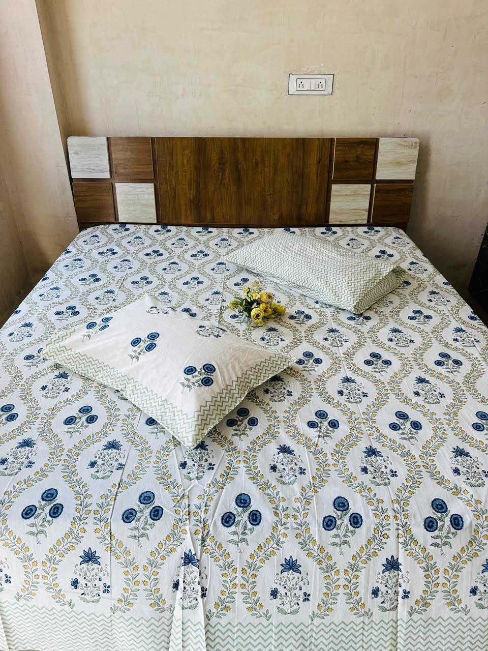 Paramphera Collection Premium 100% Cotton King Size Bedsheet with 2 Pillow Covers | Blue Floral & Olive Vine Print | Soft Breathable Cotton | 108 x 108 Inches