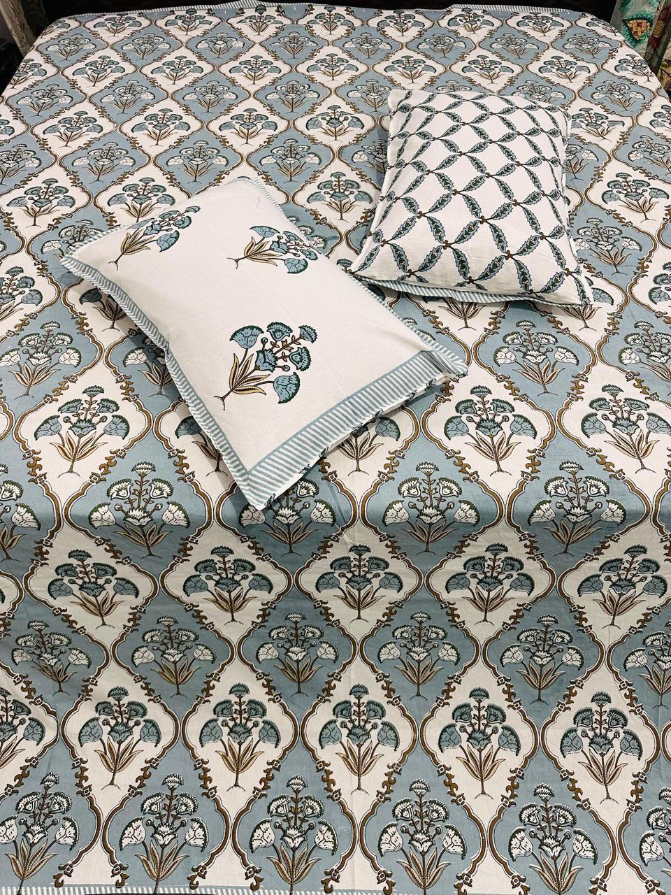 Paramphera Studio Blue Floral Cotton King Size Bedsheet with 2 Pillow Covers | 280 TC | 100 x 108 Inches