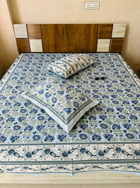 Paramphera Studio Blue Floral Cotton King Size Bedsheet with 2 Pillow Covers | 280 TC | 100 x 108 Inches