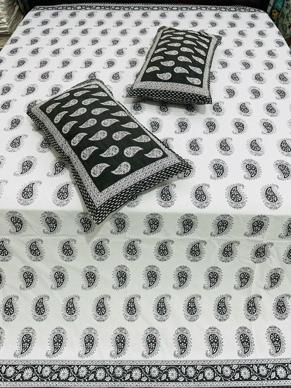 Paramphera Studio Black Paisley Cotton King Size Bedsheet with 2 Pillow Covers | 280 TC | 100 x 108 Inches