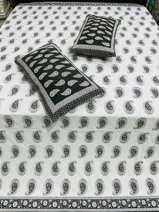 Paramphera Studio Black Paisley Cotton King Size Bedsheet with 2 Pillow Covers | 280 TC | 100 x 108 Inches