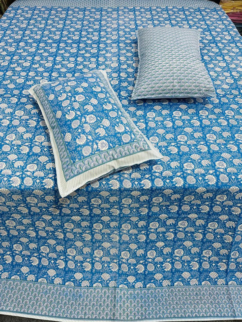 Paramphera Studio Blue Floral Cotton King Size Bedsheet with 2 Pillow Covers | 280 TC | 100 x 108 Inches