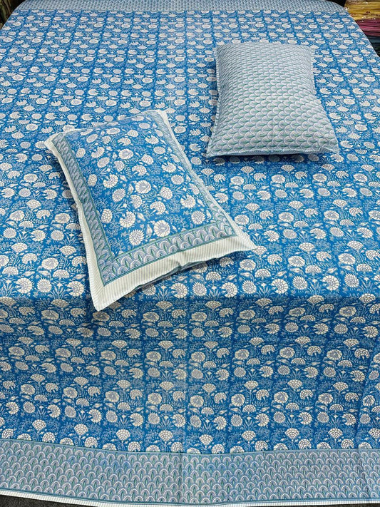 Paramphera Studio Blue Floral Cotton King Size Bedsheet with 2 Pillow Covers | 280 TC | 100 x 108 Inches