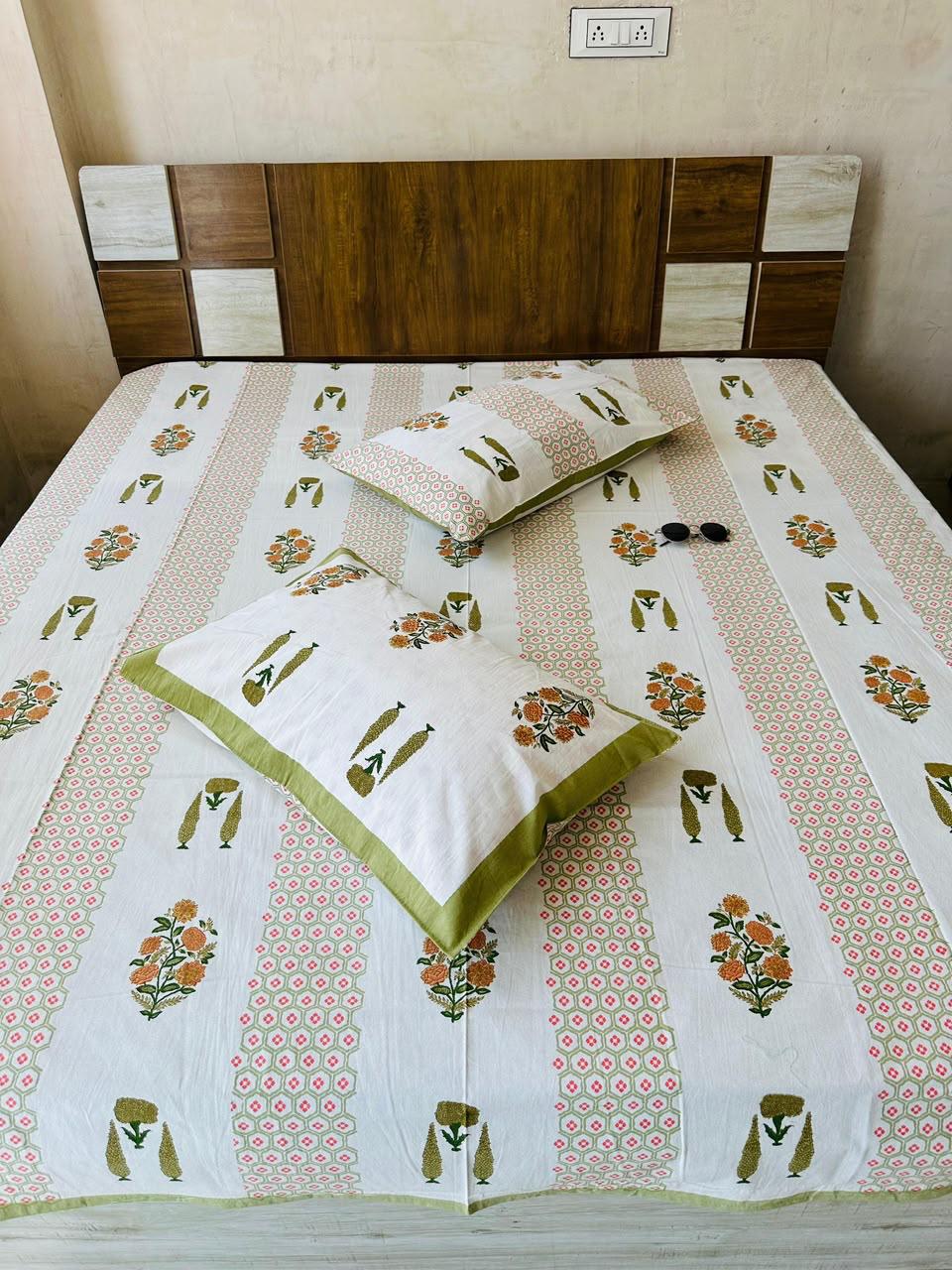 Paramphera Studio Olive Green & Orange Floral Cotton King Size Bedsheet with 2 Pillow Covers | 280 TC | 100 x 108 Inches