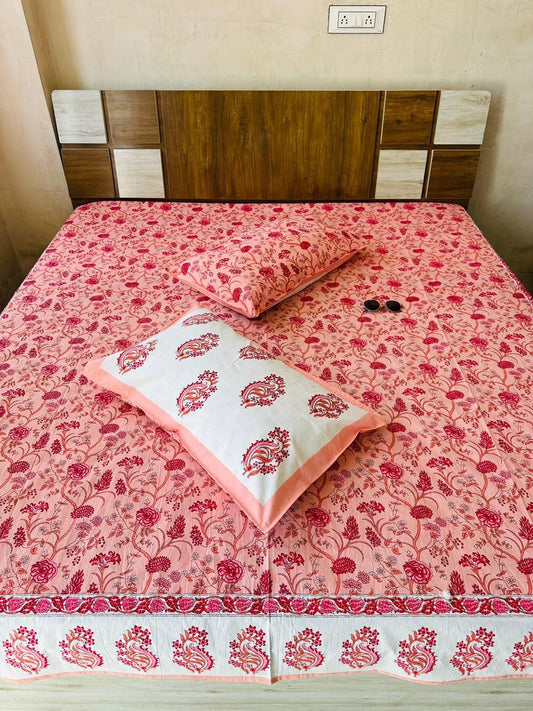 Paramphera Studio Pink Floral Paisley Cotton King Size Bedsheet with 2 Pillow Covers | 280 TC | 100 x 108 Inches