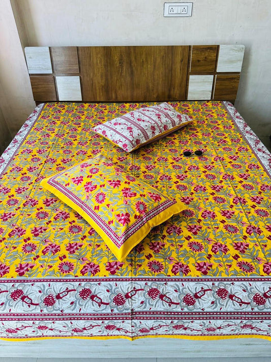 Paramphera Studio Yellow Floral Paisley Cotton King Size Bedsheet with 2 Pillow Covers | 280 TC | 100 x 108 Inches