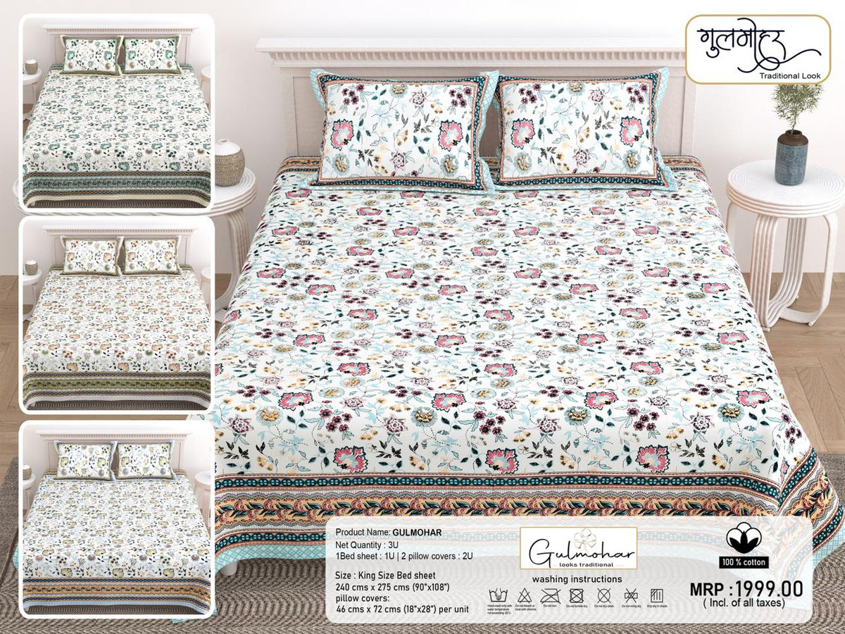 Paramphera Studio Floral Printed 100% Cotton Bedsheet Set – King Size