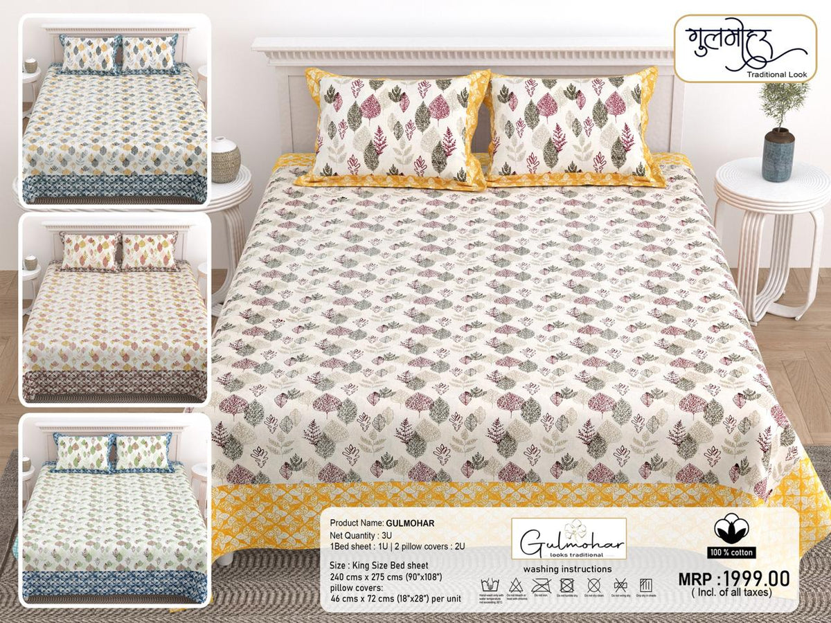 Paramphera Studio Leaf Print 100% Cotton Bedsheet Set – King Size