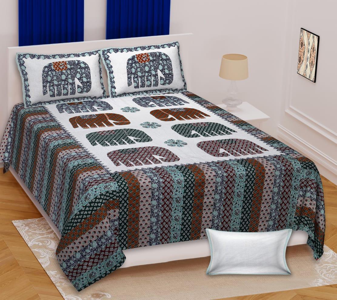 Paramphera Studio 100% Pure Cotton Elephant Printed Bedsheet | King Size | 280 TC | 1 Bedsheet + 2 Pillow Covers