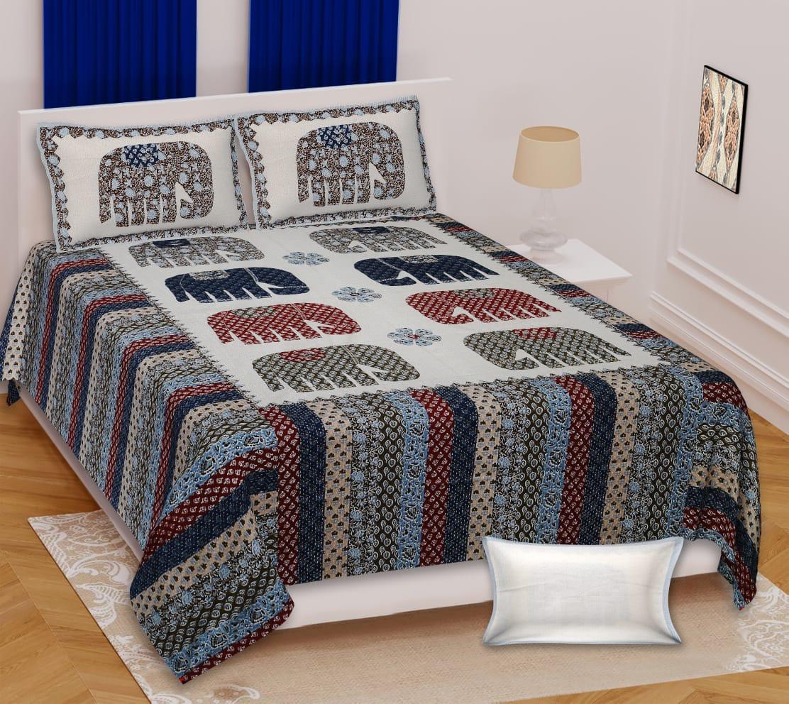 Paramphera Studio 100% Pure Cotton Elephant Printed Bedsheet | King Size | 280 TC | 1 Bedsheet + 2 Pillow Covers