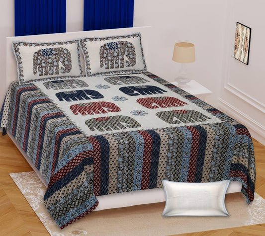 Paramphera Studio 100% Pure Cotton Elephant Printed Bedsheet | King Size | 280 TC | 1 Bedsheet + 2 Pillow Covers