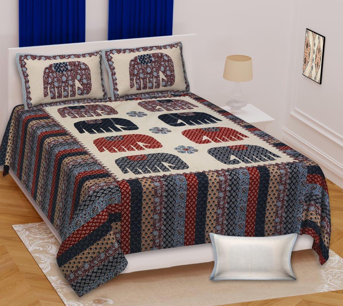 Paramphera Studio 100% Pure Cotton Elephant Printed Bedsheet | King Size | 280 TC | 1 Bedsheet + 2 Pillow Covers