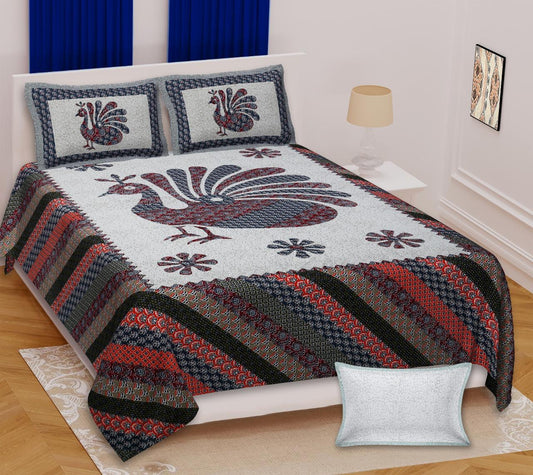 Paramphera Studio 100% Pure Cotton Peacock Printed Bedsheet | King Size | 280 TC | 1 Bedsheet + 2 Pillow Covers