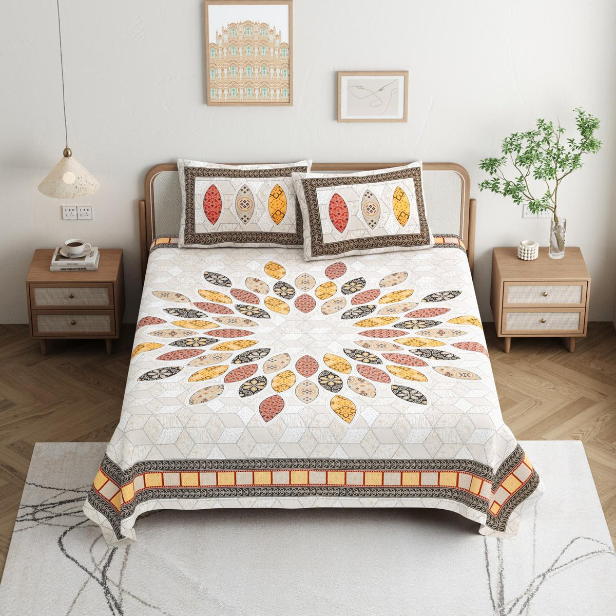 Paramphera Studio 100% Pure Cotton Geometric Printed Bedsheet | King Size | 280 TC | 1 Bedsheet + 2 Pillow Covers