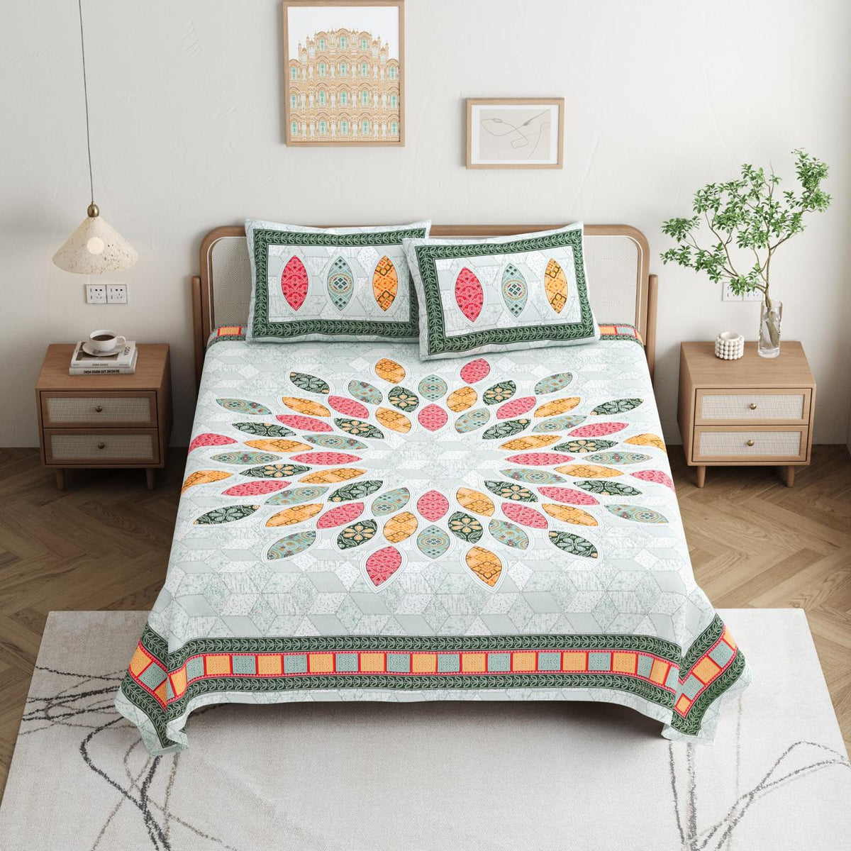 Paramphera Studio 100% Pure Cotton Geometric Printed Bedsheet | King Size | 280 TC | 1 Bedsheet + 2 Pillow Covers