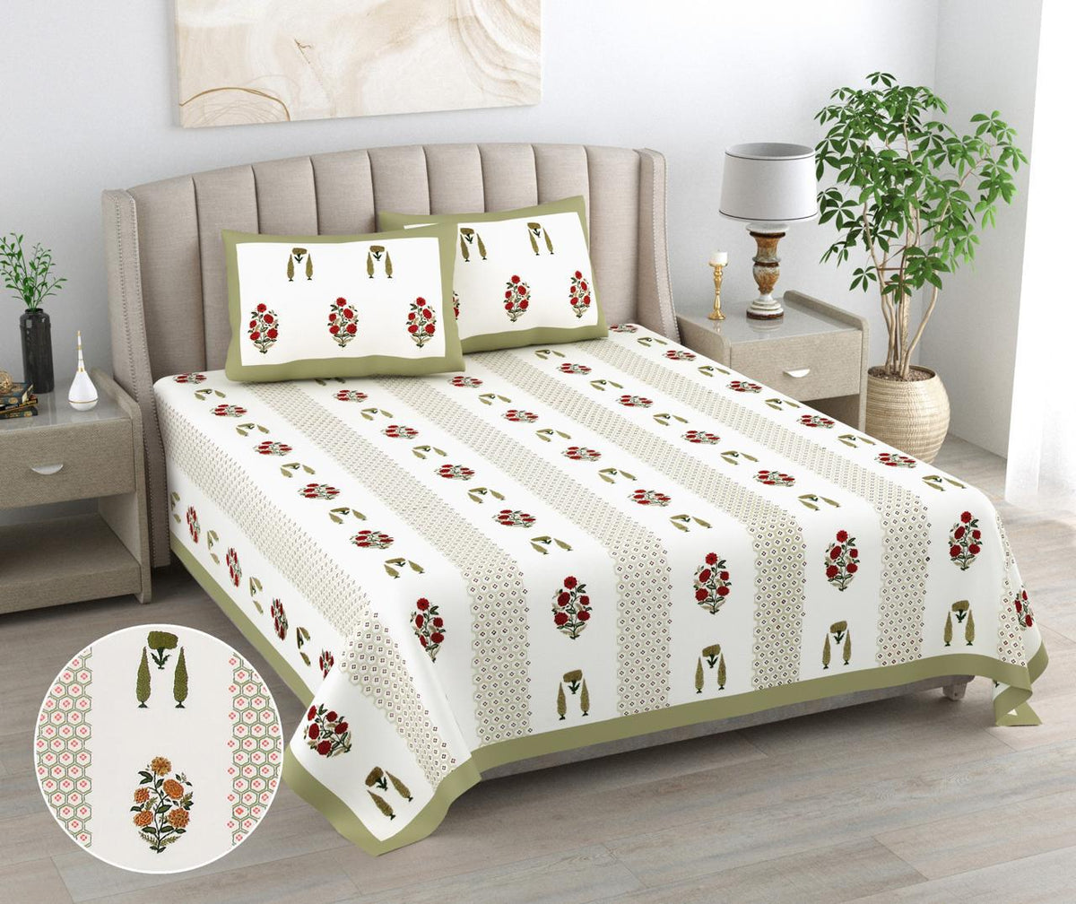 White & Green Floral King Size Bedsheet with 2 Pillow Covers | Paramphera Studio
